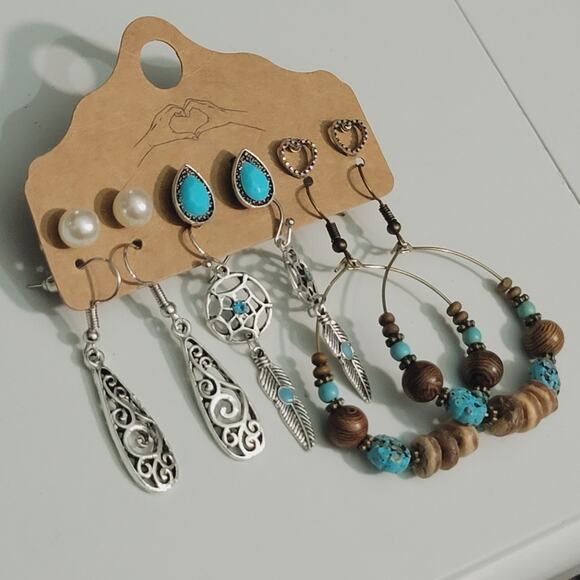 Boho Turquoise Colored Earrings 6 Pair - Picture 2 of 6